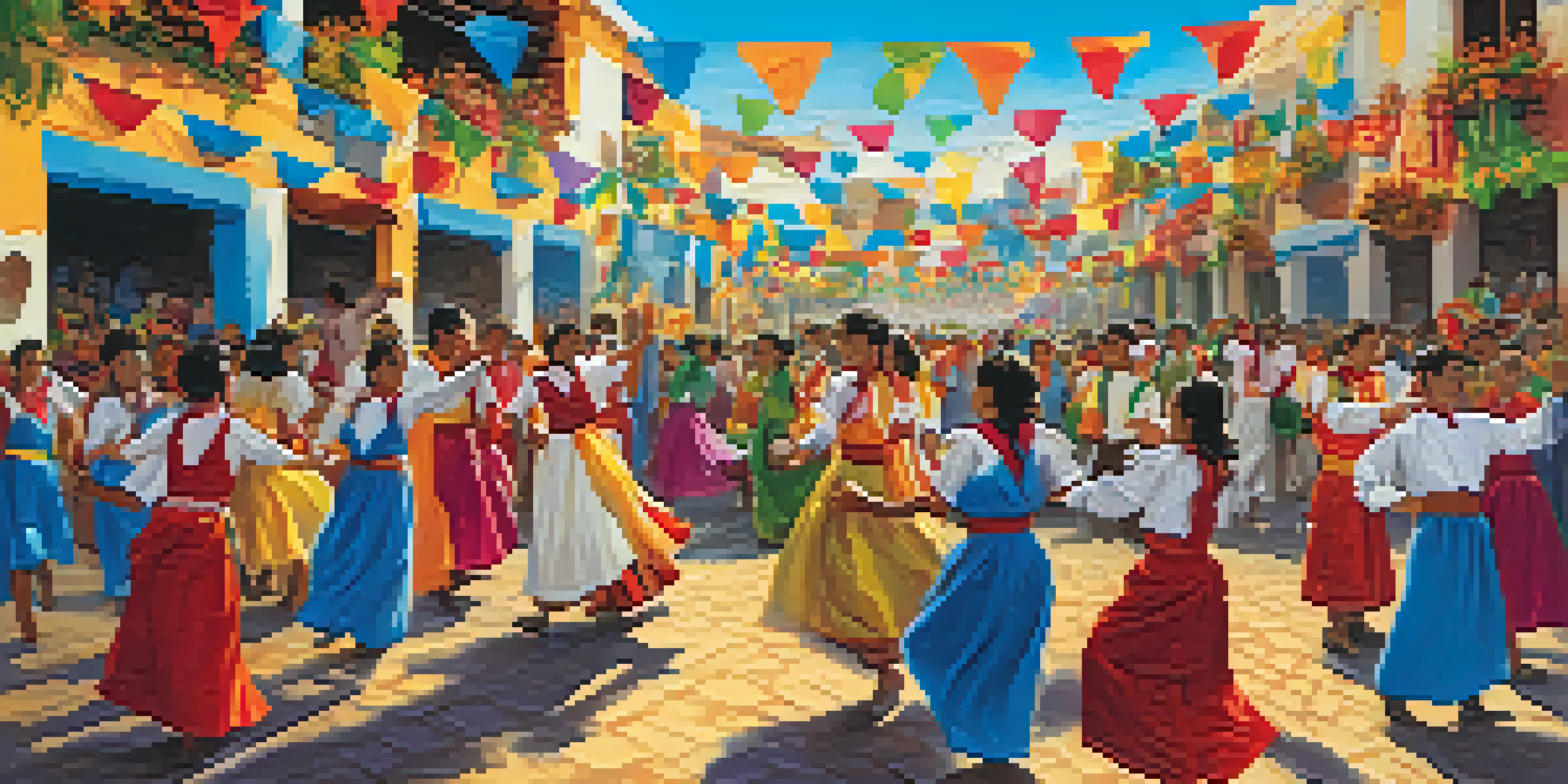 A lively festival scene showcasing colorful decorations, people dancing in traditional outfits, and grape vines, with tables featuring local food and drinks.