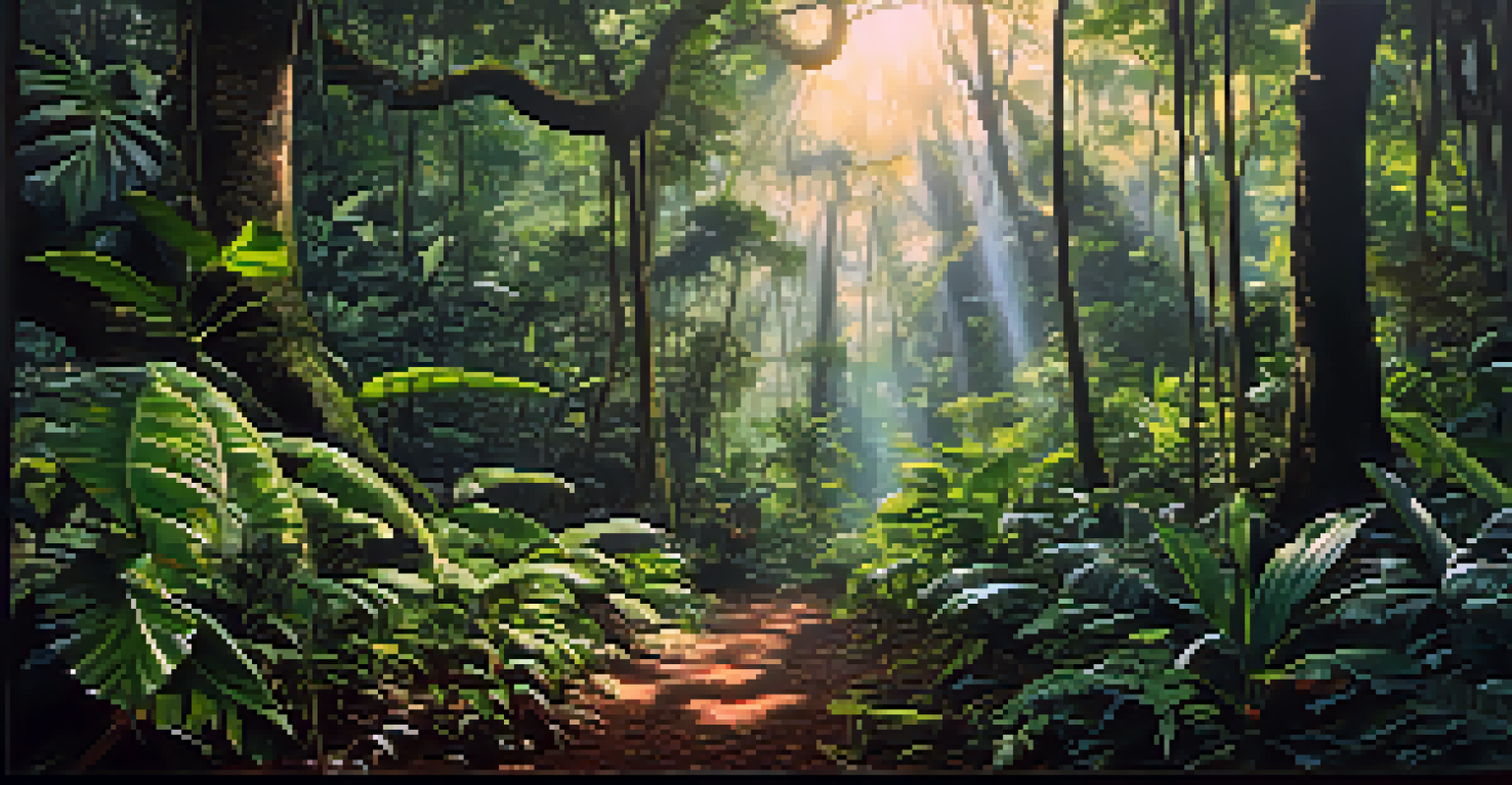 An overhead view of the Amazon rainforest, displaying dense greenery, tall trees, and sunlight filtering through the leaves.