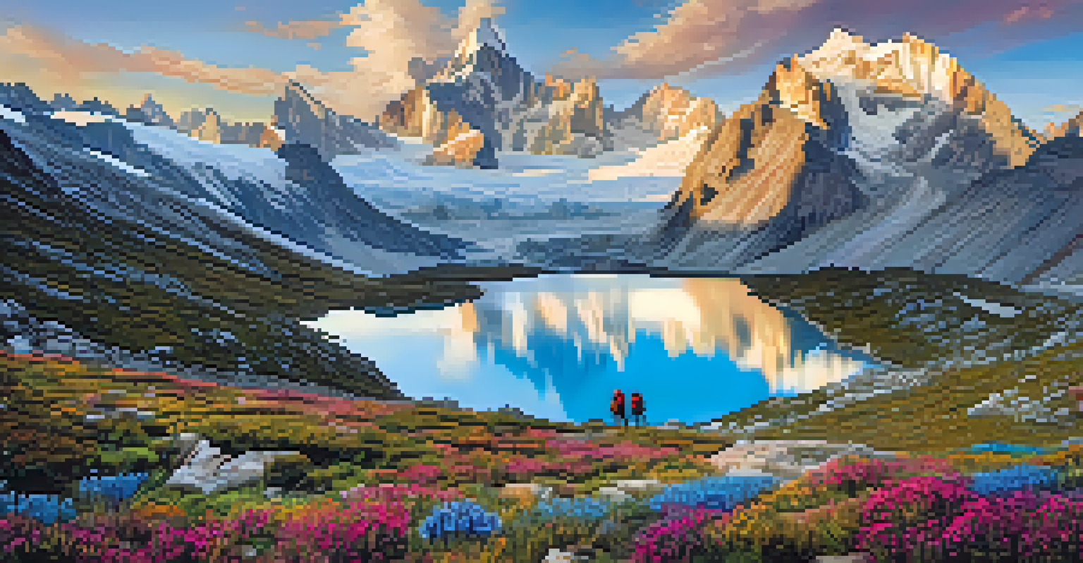 A stunning view of the Cordillera Blanca with trekkers and glacial lakes, surrounded by snow-capped mountains and wildflowers.