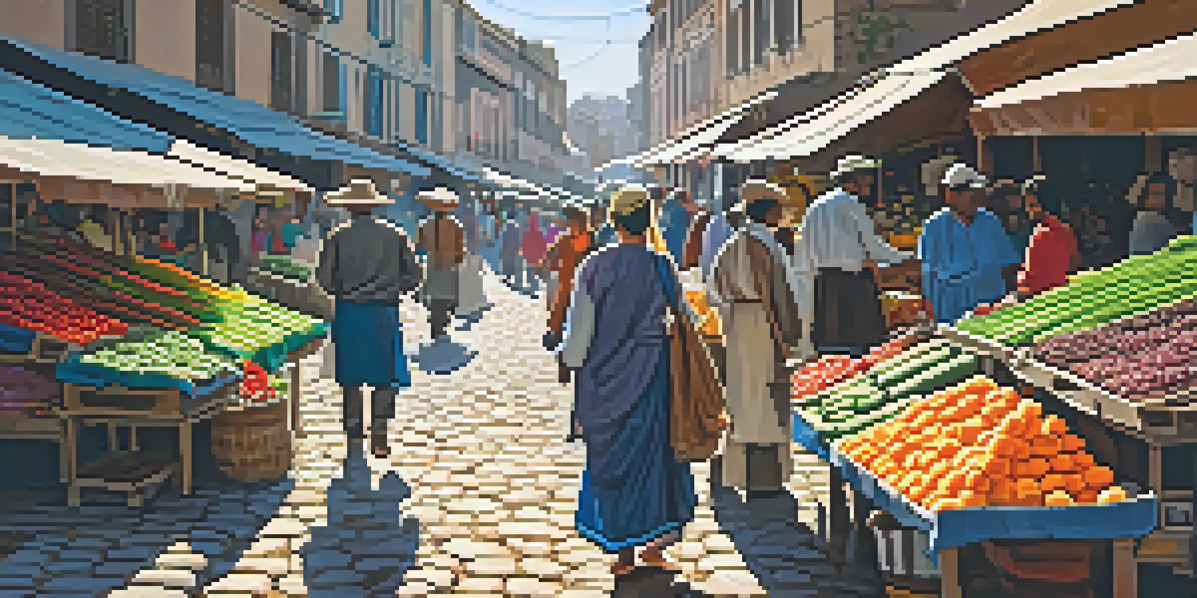 A lively local market with colorful stalls filled with fruits, vegetables, and crafts, sunlight creating a warm atmosphere, and a smiling vendor in the foreground.