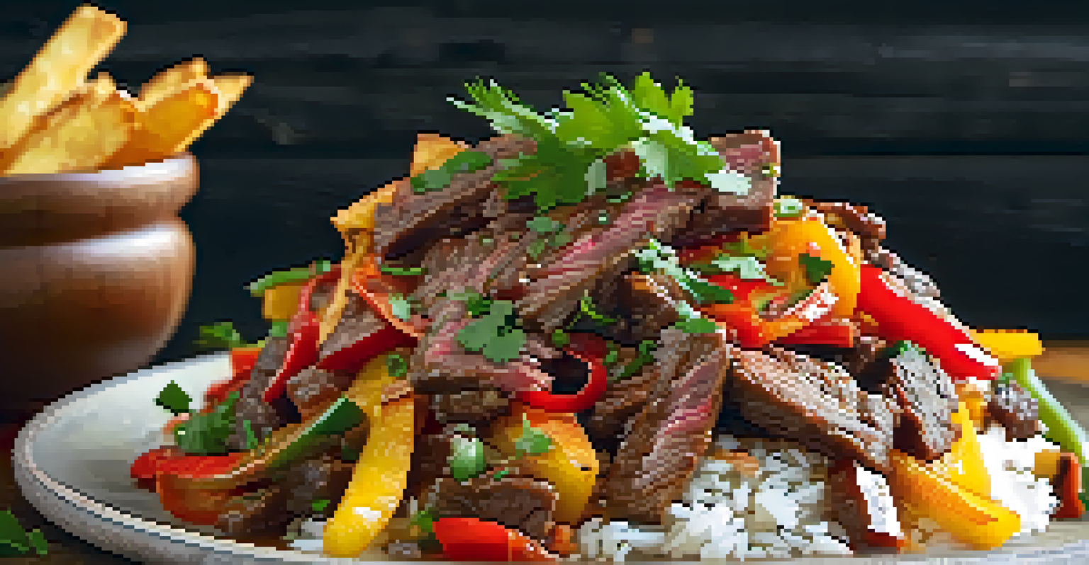A colorful plate of lomo saltado with beef, vegetables, rice, and fries on a rustic wooden table.