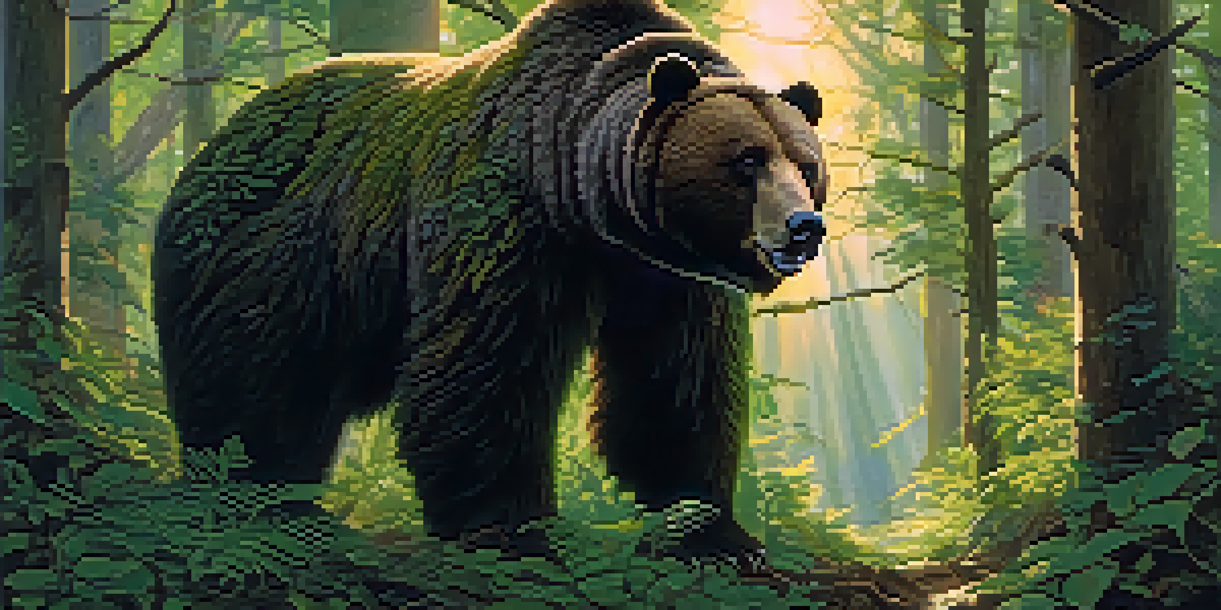 A tall, muscular man with shaggy hair resembling a bear's fur stands in a mystical forest, with glowing eyes and sunlight filtering through the trees.