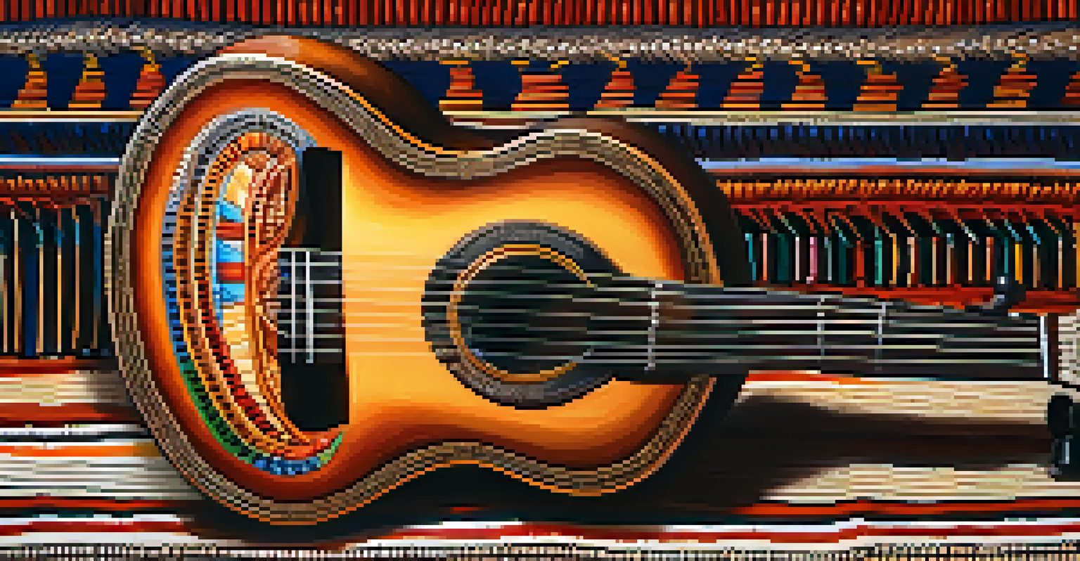 A close-up of a charango on a colorful woven textile, showcasing its detailed carvings and texture in soft natural light.