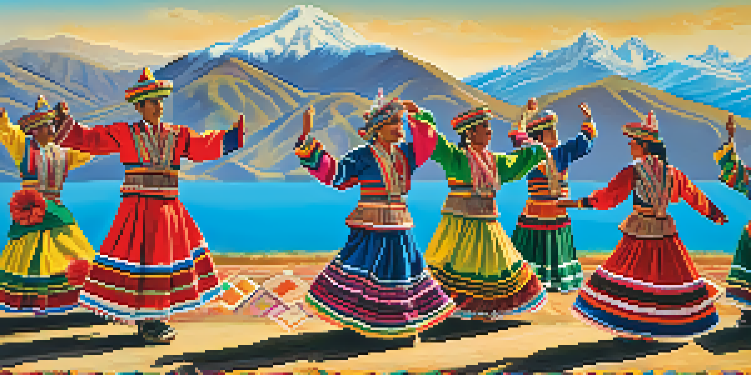 A traditional Andean festival with dancers in colorful costumes performing a ceremonial dance in front of the Andes mountains.
