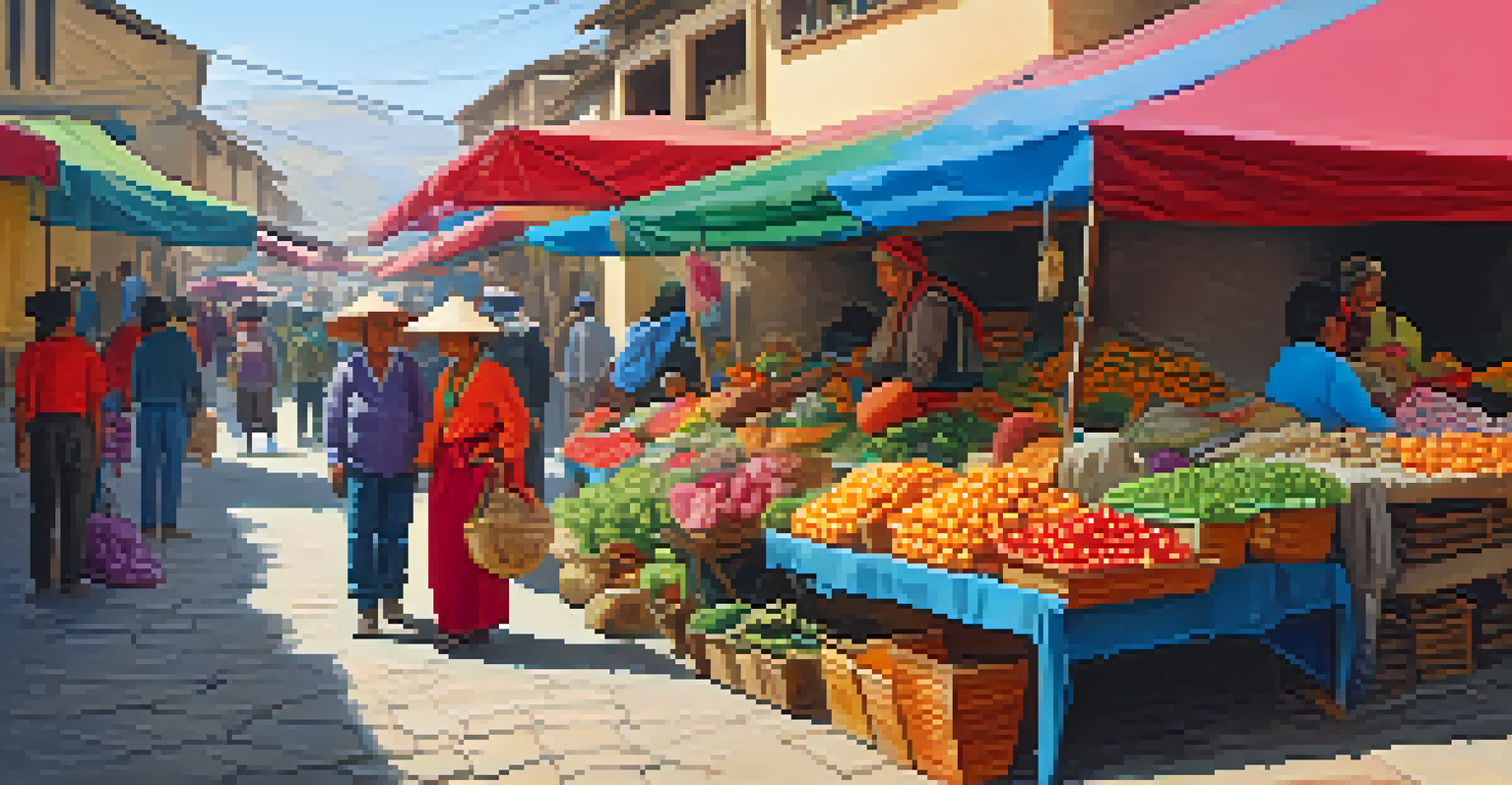 A bustling Peruvian market with stalls filled with colorful goods, showing a photographer asking a vendor for permission to take a photo.