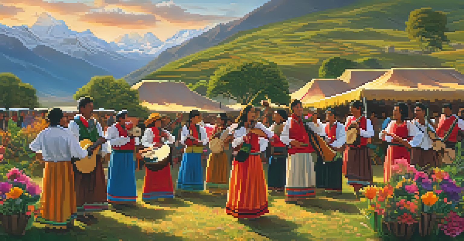 An Andean music festival with musicians playing traditional instruments in a scenic outdoor setting with mountains and flowers.