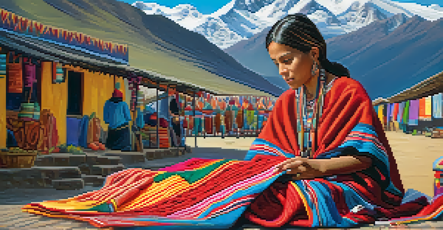 A Quechua woman weaving textiles in traditional clothing with the Andes mountains in the background.