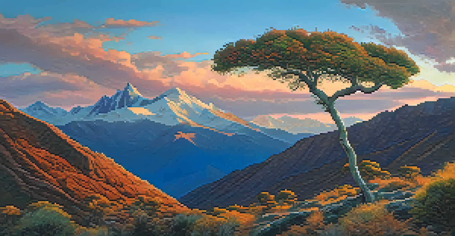 A polylepis tree in the high Andes, with its thick bark and small leaves against a sunset backdrop.