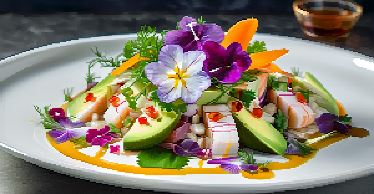 A beautifully plated ceviche dish topped with herbs, soy sauce, and sesame oil, surrounded by avocado slices and edible flowers.