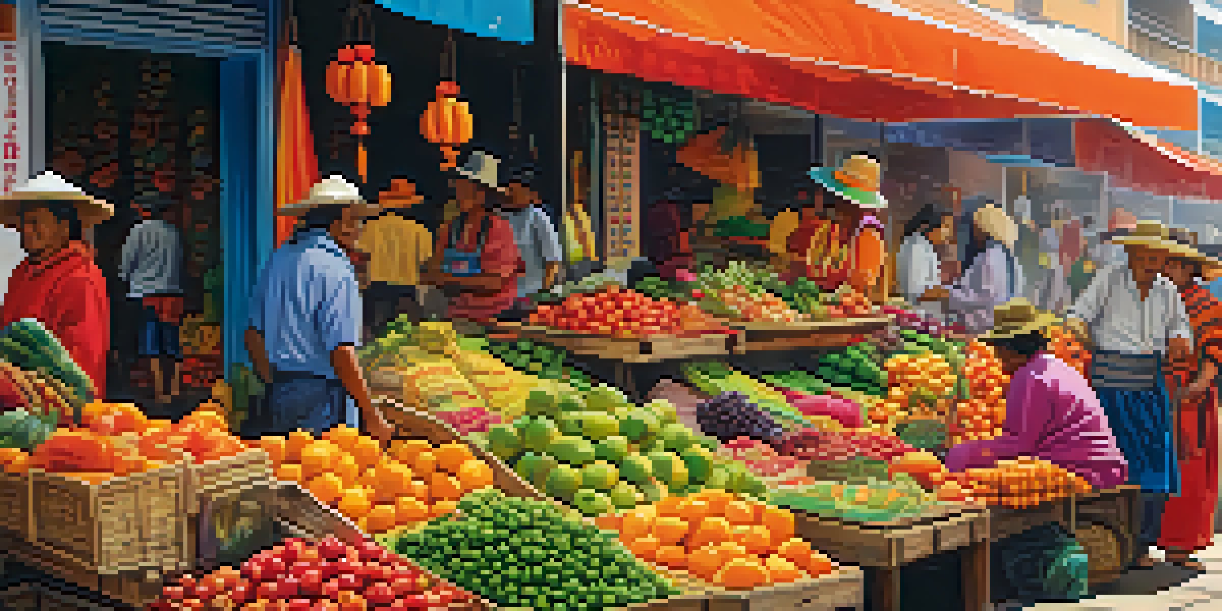 A bustling Peruvian market filled with colorful textiles, fresh produce, and vendors interacting with customers under warm sunlight.