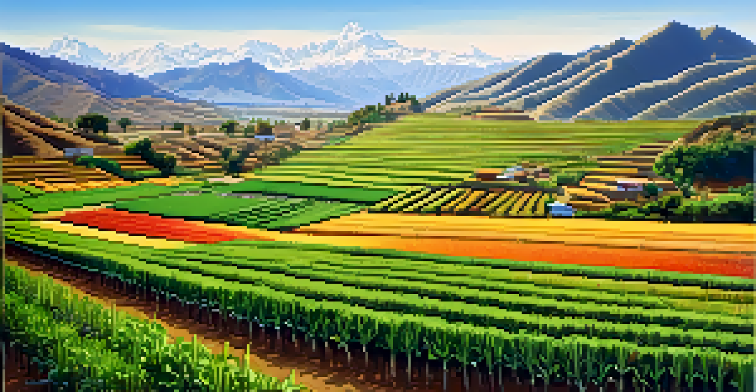 Scenic view of Peru's agricultural fields with green crops and the towering Andes mountains in the background under a clear blue sky.