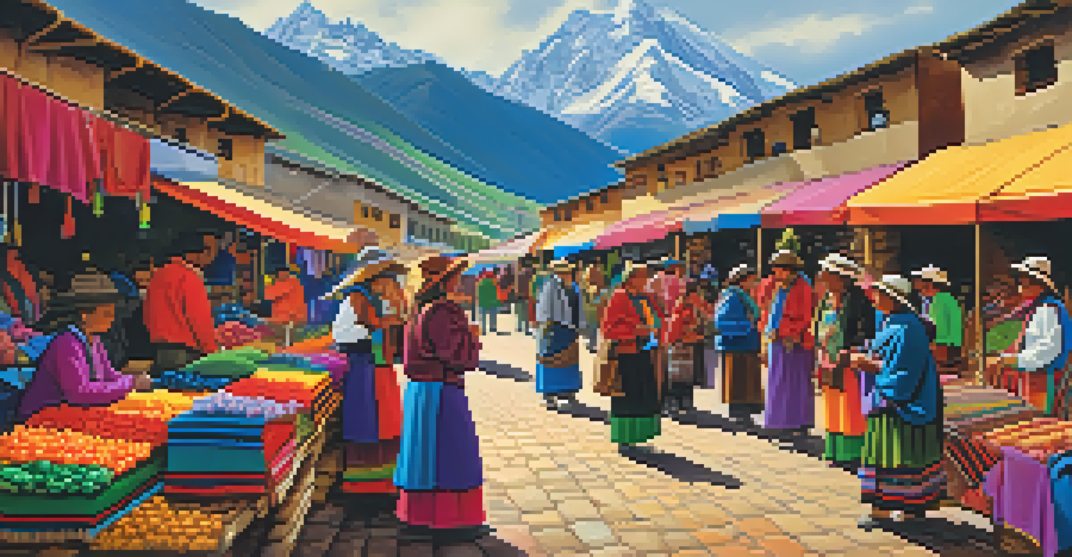 A lively market in the Sacred Valley, with artisans displaying colorful crafts against a backdrop of the Andes mountains.