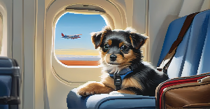 A small dog in a travel carrier under an airplane seat, with a traveler reading a book nearby.