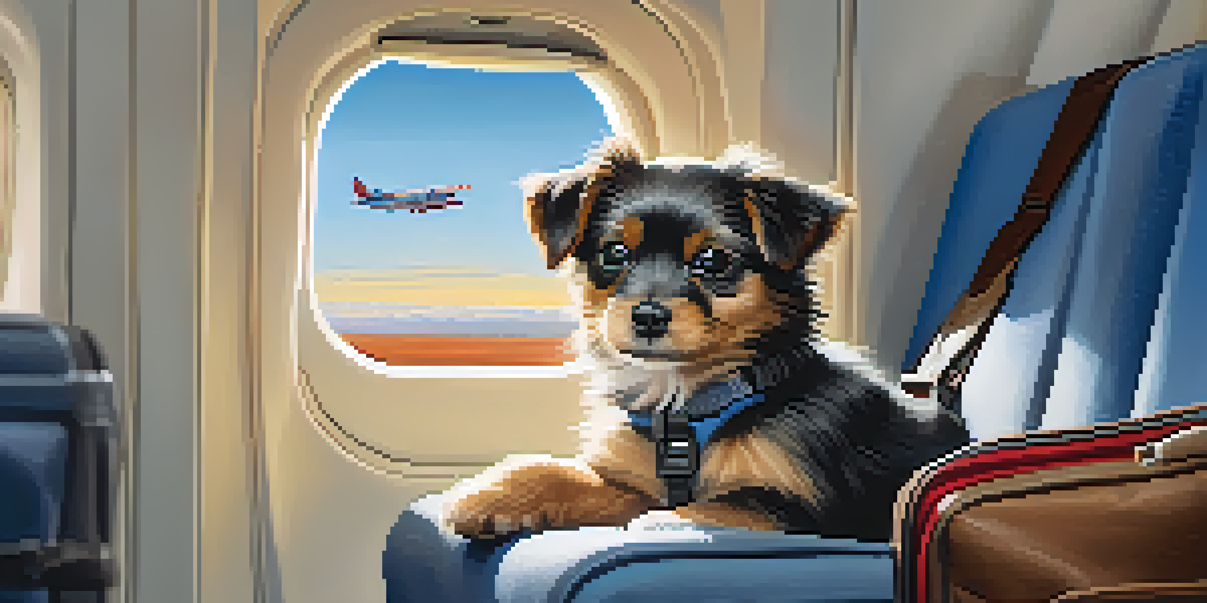 A small dog in a travel carrier under an airplane seat, with a traveler reading a book nearby.