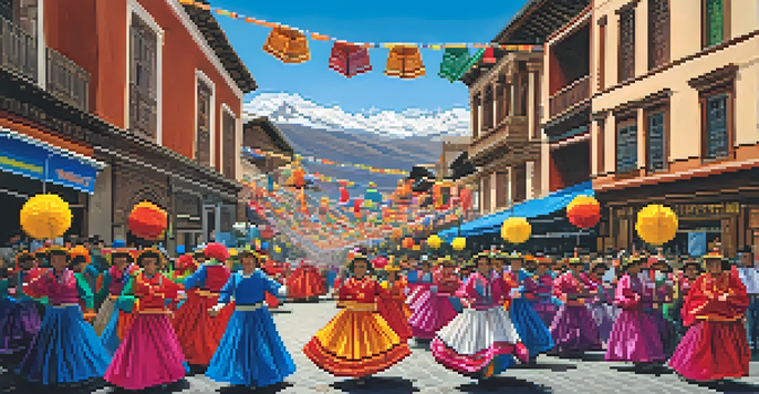 A lively procession during the Feast of the Virgin of Candelaria in Puno, Peru, with locals in colorful traditional costumes dancing against a backdrop of the Andes mountains.