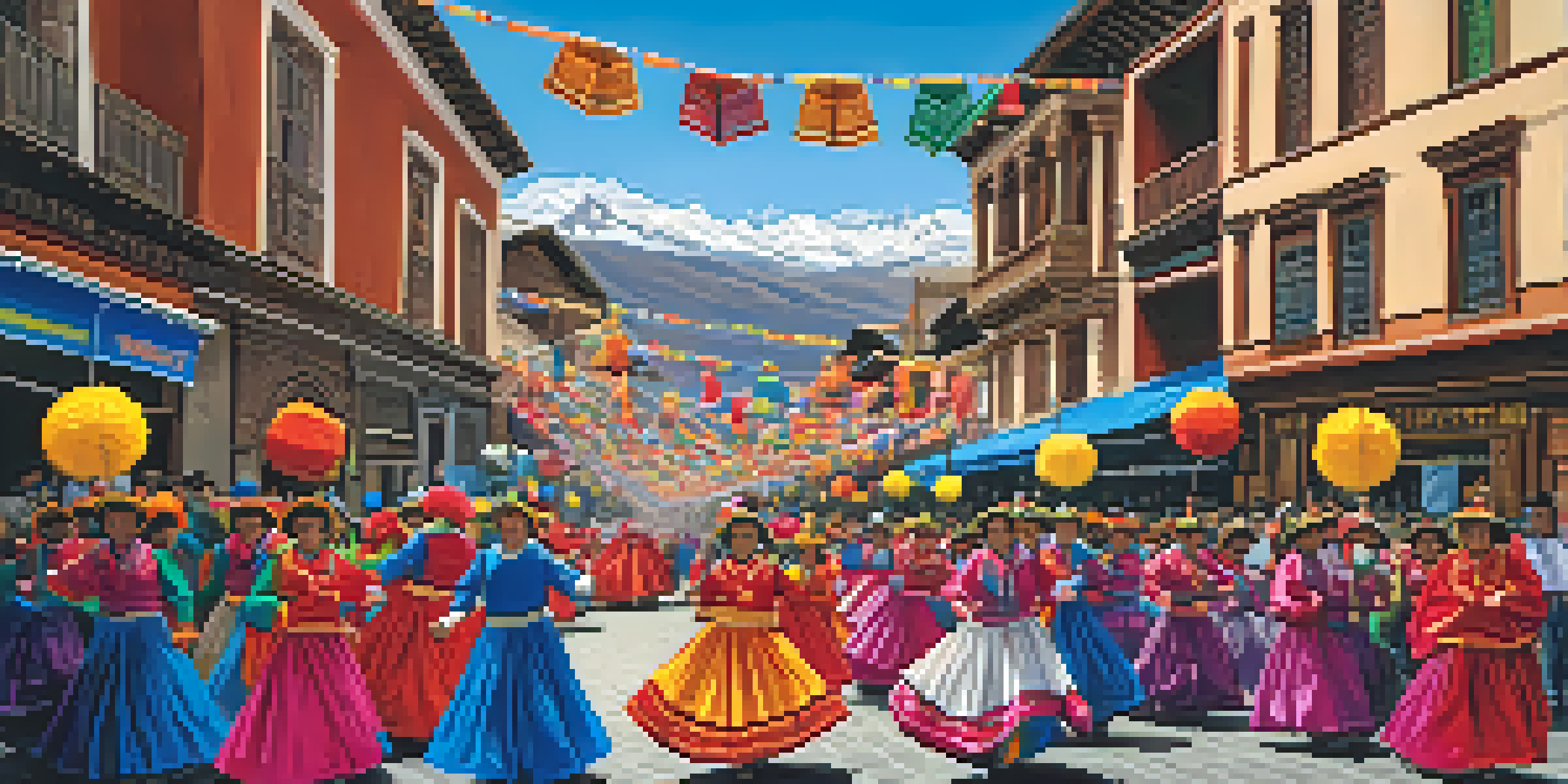 A lively procession during the Feast of the Virgin of Candelaria in Puno, Peru, with locals in colorful traditional costumes dancing against a backdrop of the Andes mountains.