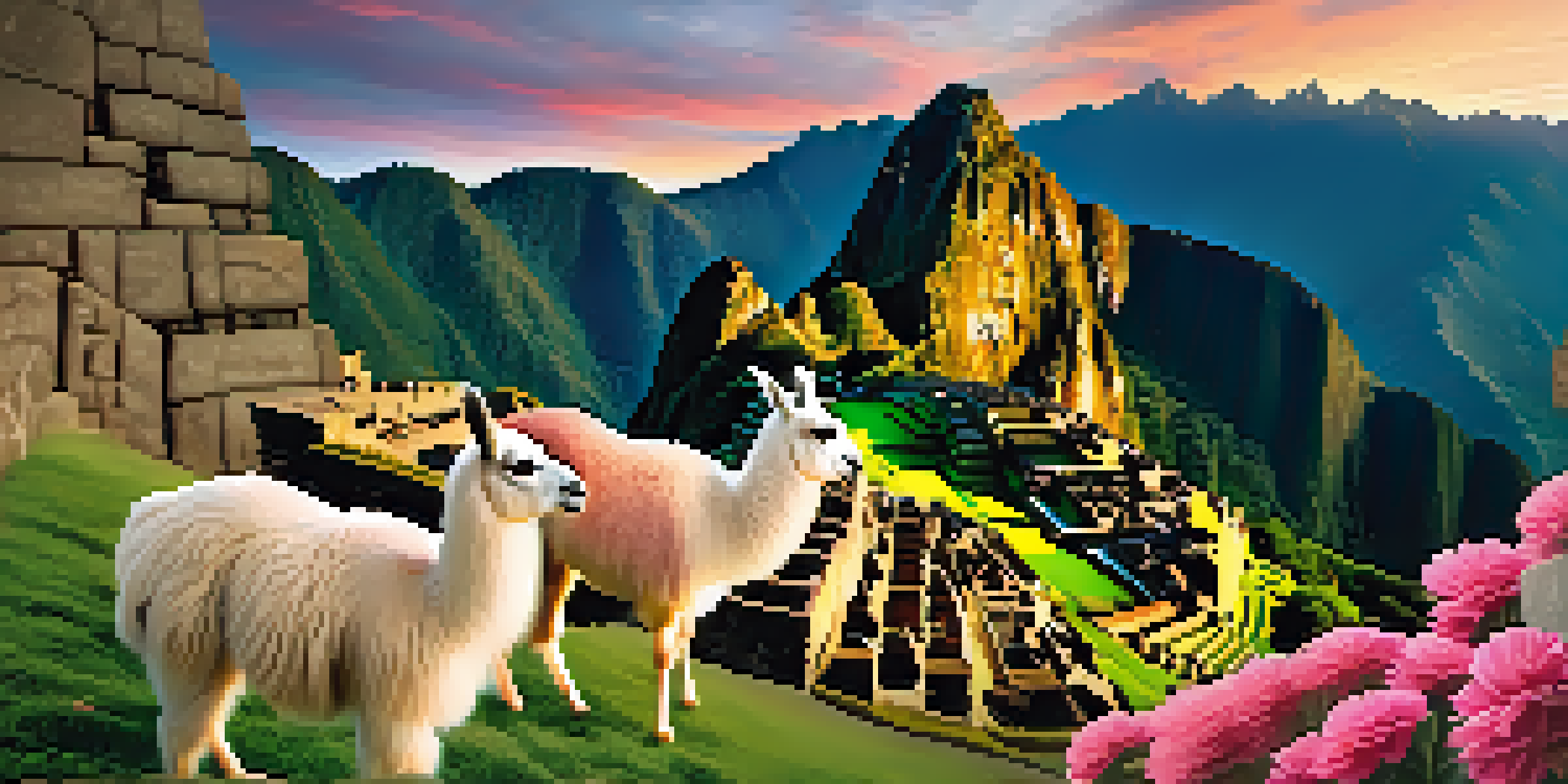A scenic view of Machu Picchu during sunrise with llamas grazing in the foreground.