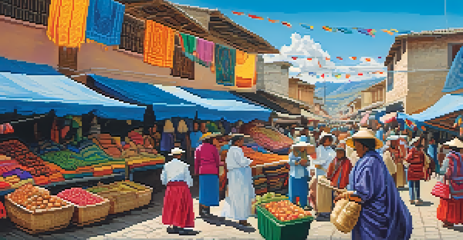A lively Peruvian street market filled with colorful textiles, fresh fruits, and engaged vendors and shoppers.