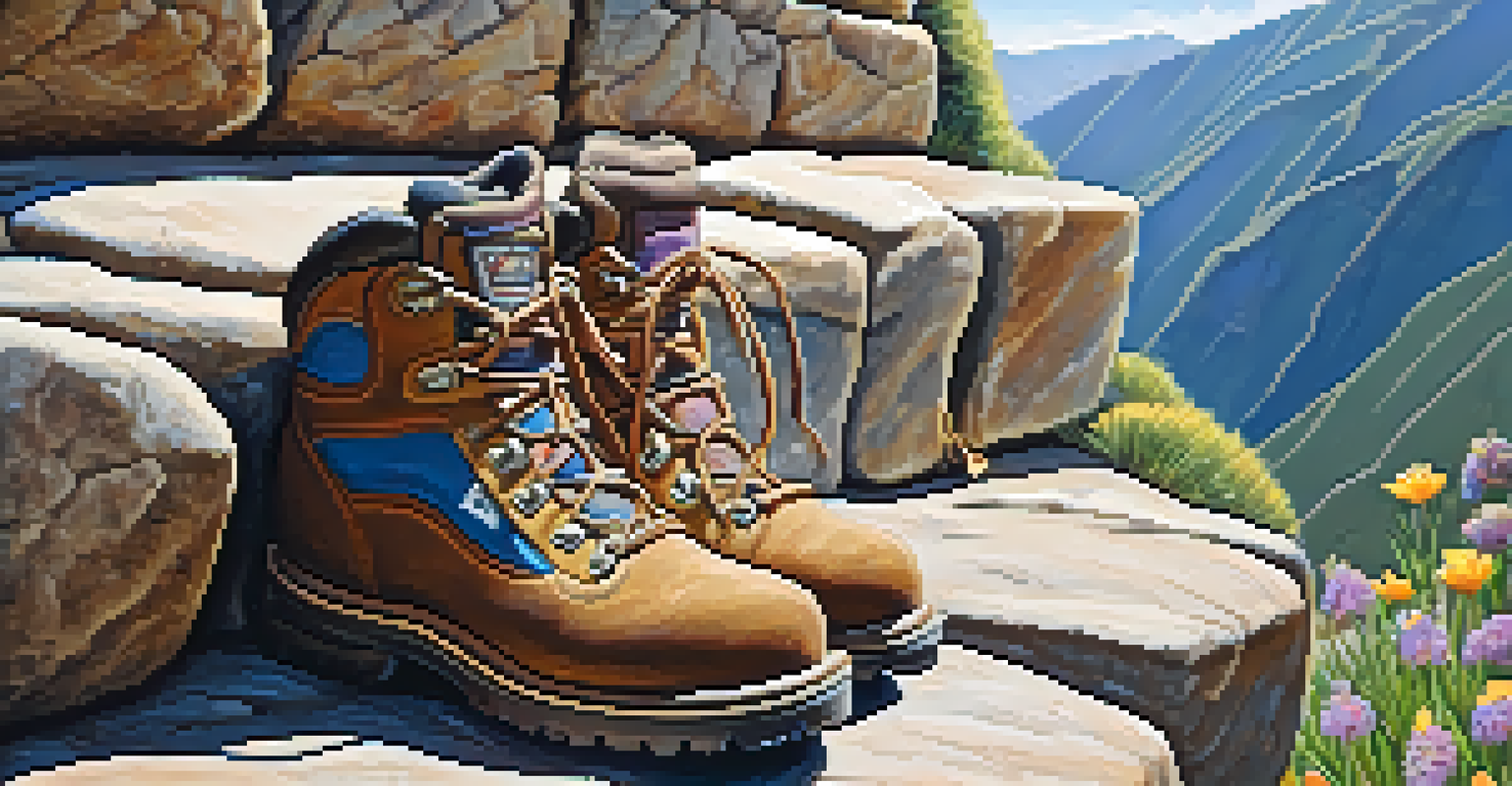 Close-up of a hiker's boots on the Inca Trail, with ancient stone steps and vibrant wildflowers in the background.