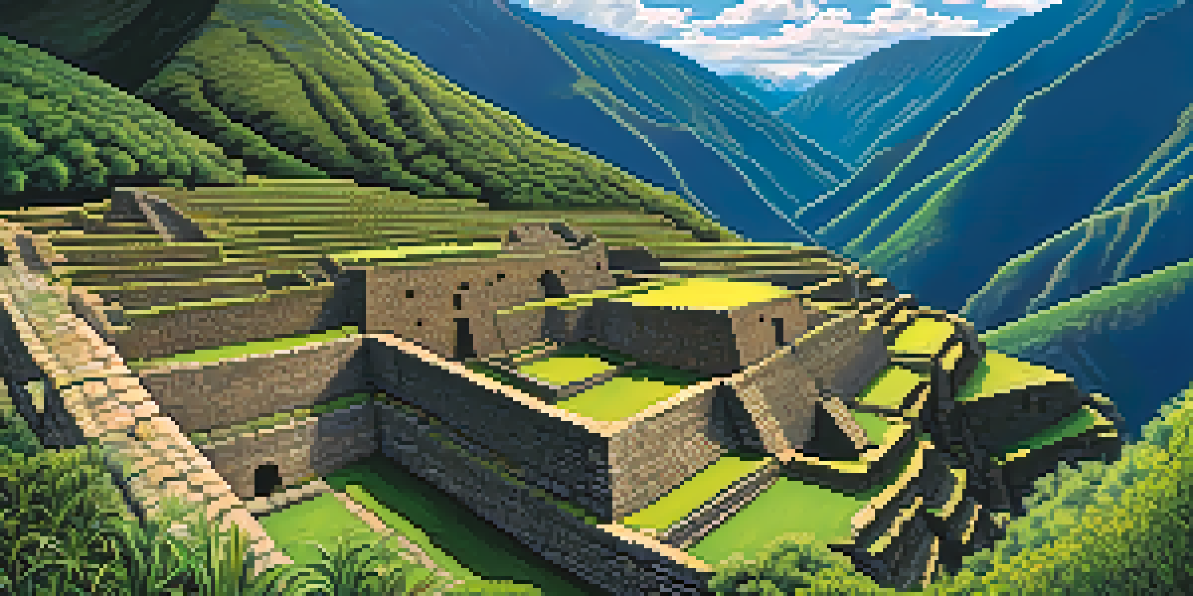 A wide view of Choquequirao ruins surrounded by green terraces and mountains under a clear blue sky.
