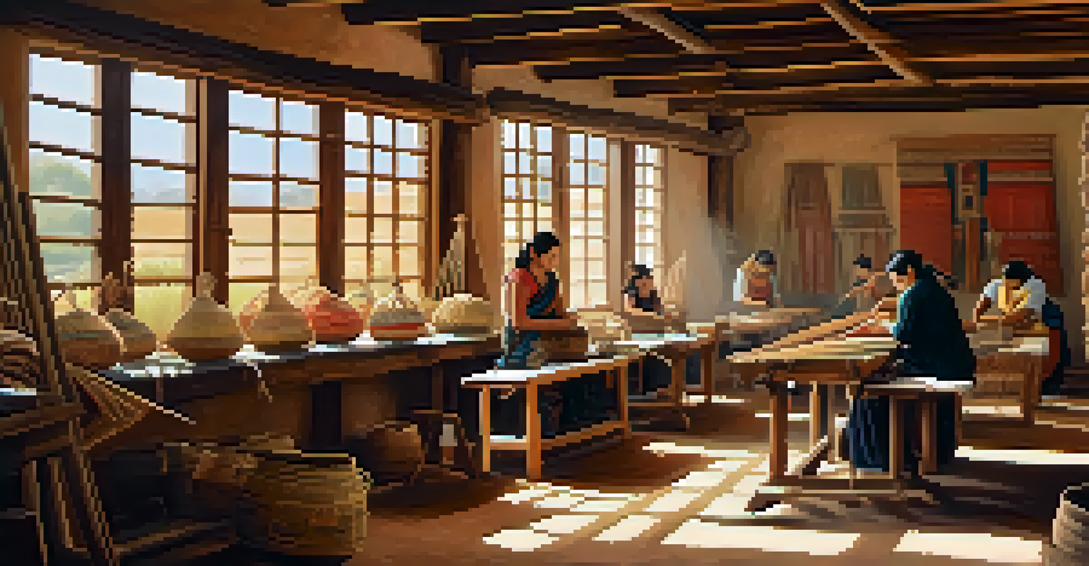 A local artisan teaching tourists weaving in a sunlit workshop, showcasing colorful textiles and rustic surroundings.