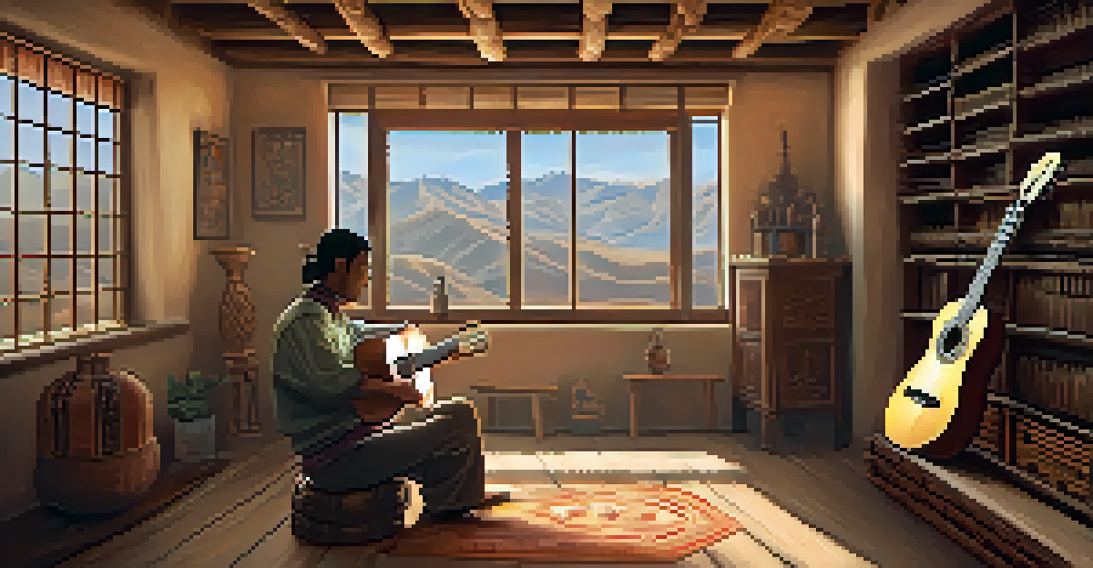 A musician playing the charango in a rustic setting, with warm light illuminating the scene and traditional instruments in the background.