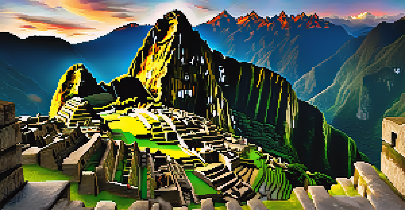 A scenic view of Machu Picchu at sunrise, with golden light illuminating ancient ruins and lush mountains in the background.