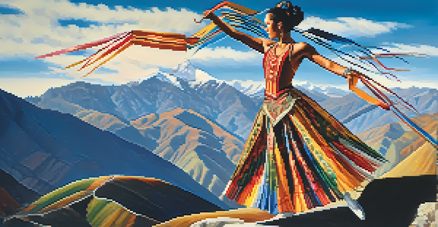 A dancer performing the Dance of the Scissors with scissor blades in hand, set against the backdrop of the Andean mountains, showcasing vibrant colors and dramatic shadows.