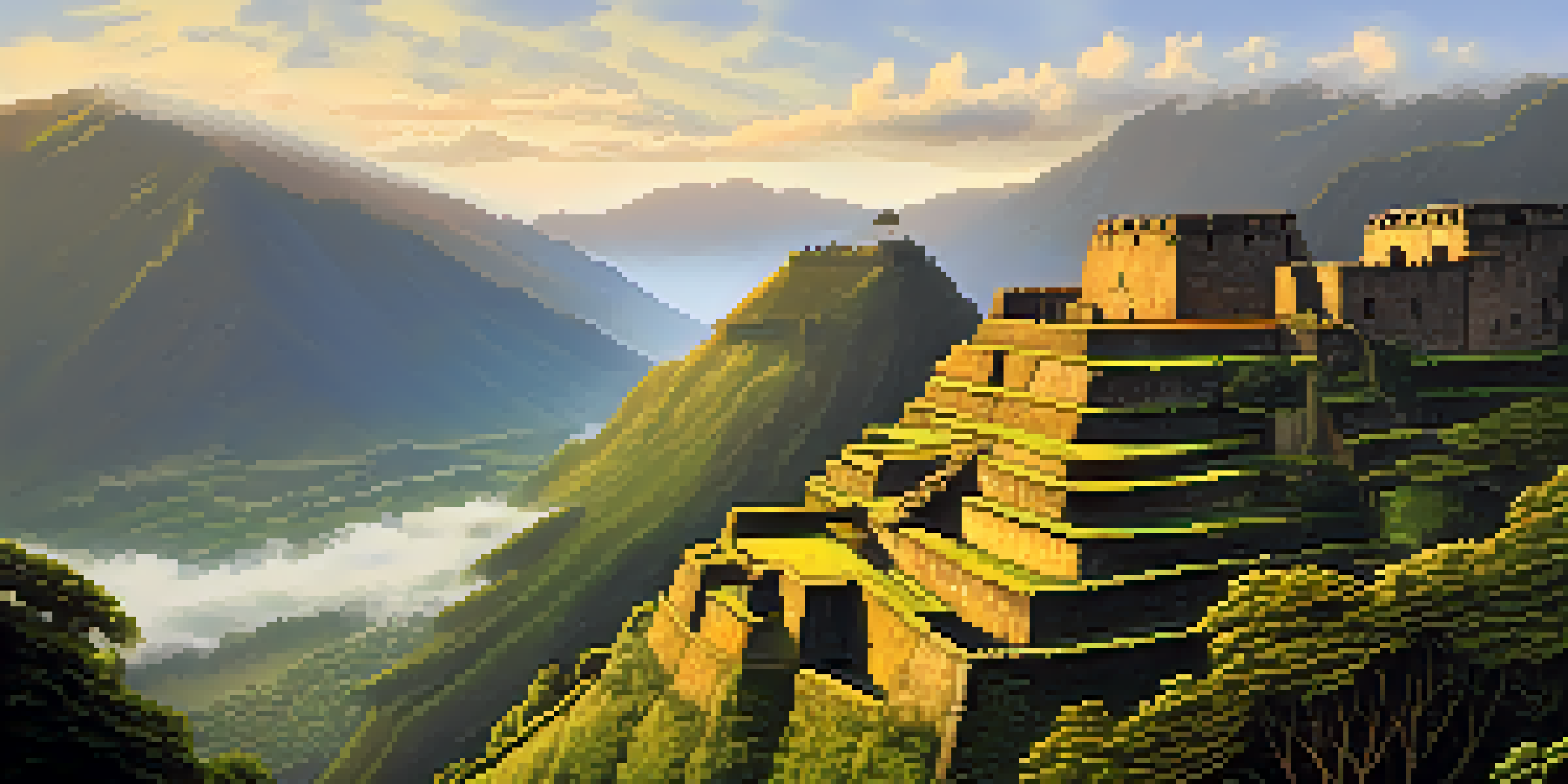 A panoramic view of the ancient Kuelap fortress in the mountains of Peru, bathed in golden sunlight with mist hovering around the lush landscape.