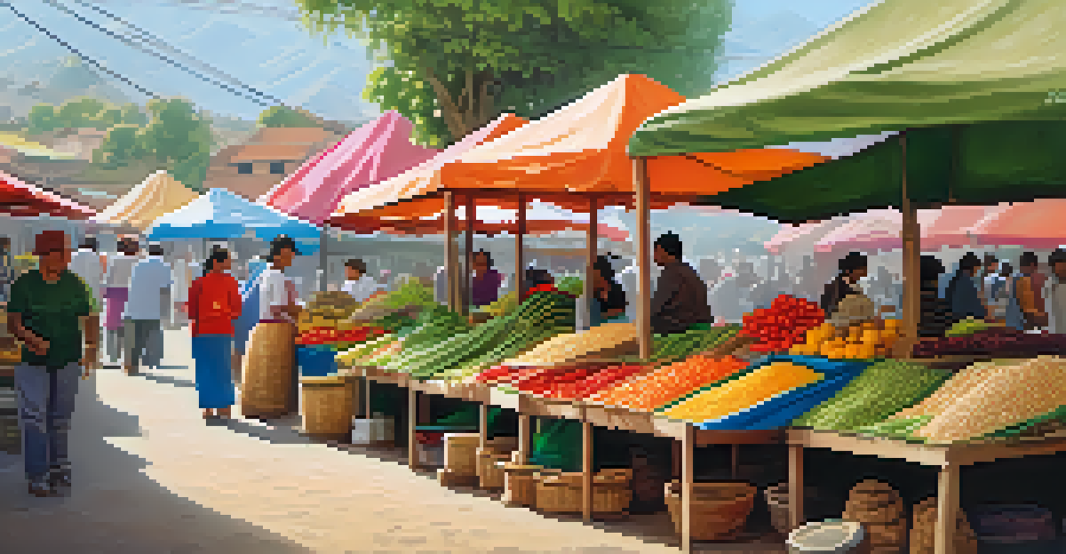 A vibrant market scene with a vendor displaying fresh Peruvian ingredients like quinoa and ají peppers, under bright canopies.