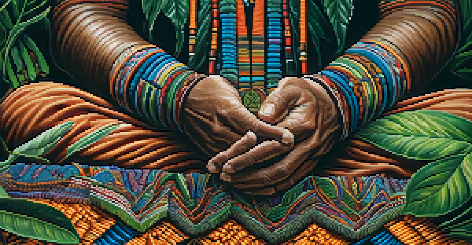 A close-up of a shaman's hands holding an ayahuasca plant, with colorful traditional Peruvian textiles softly blurred in the background.