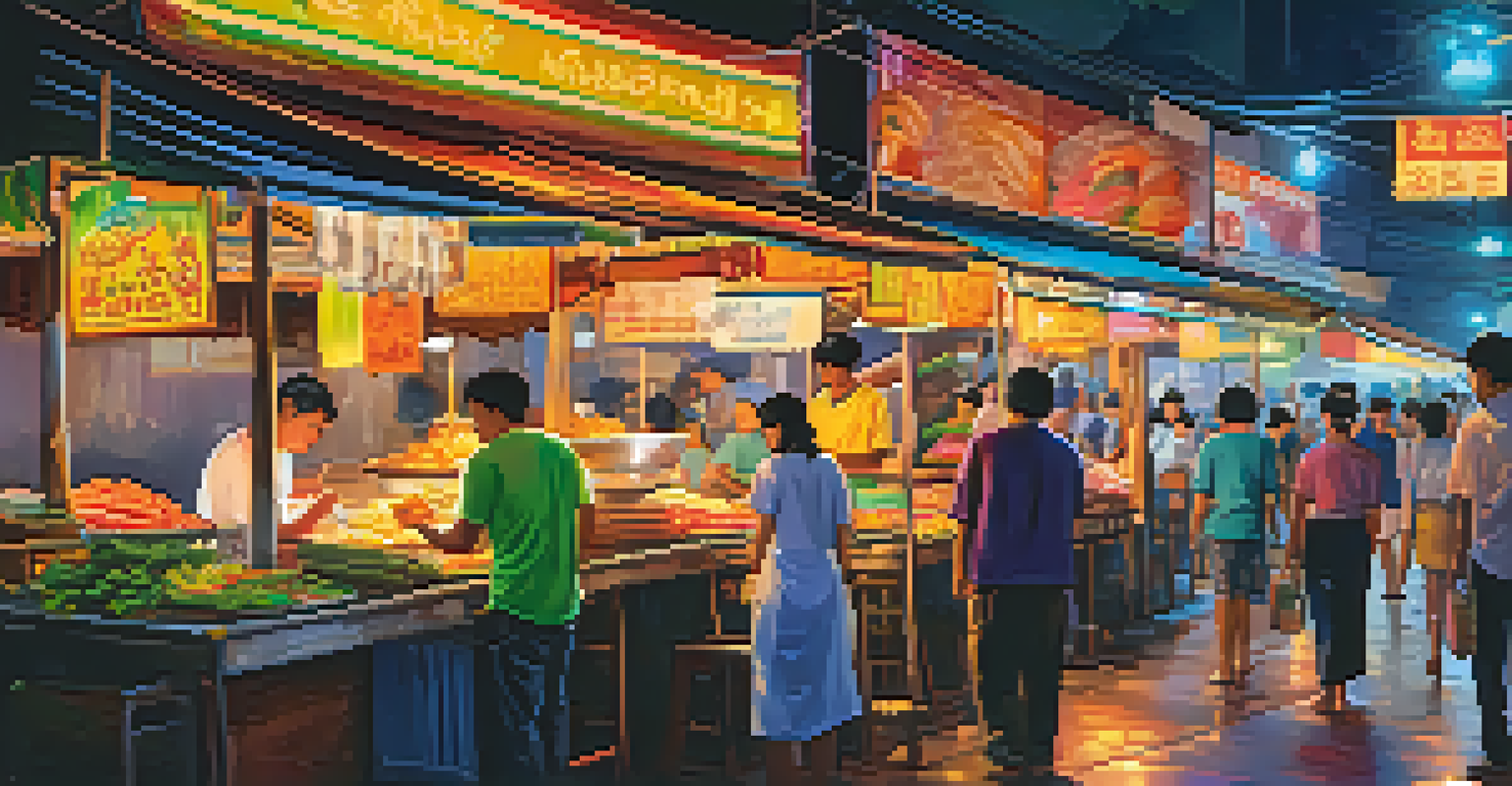 A vibrant night market in Bangkok with food stalls serving Thai dishes, illuminated by colorful neon lights and filled with people enjoying their meals.