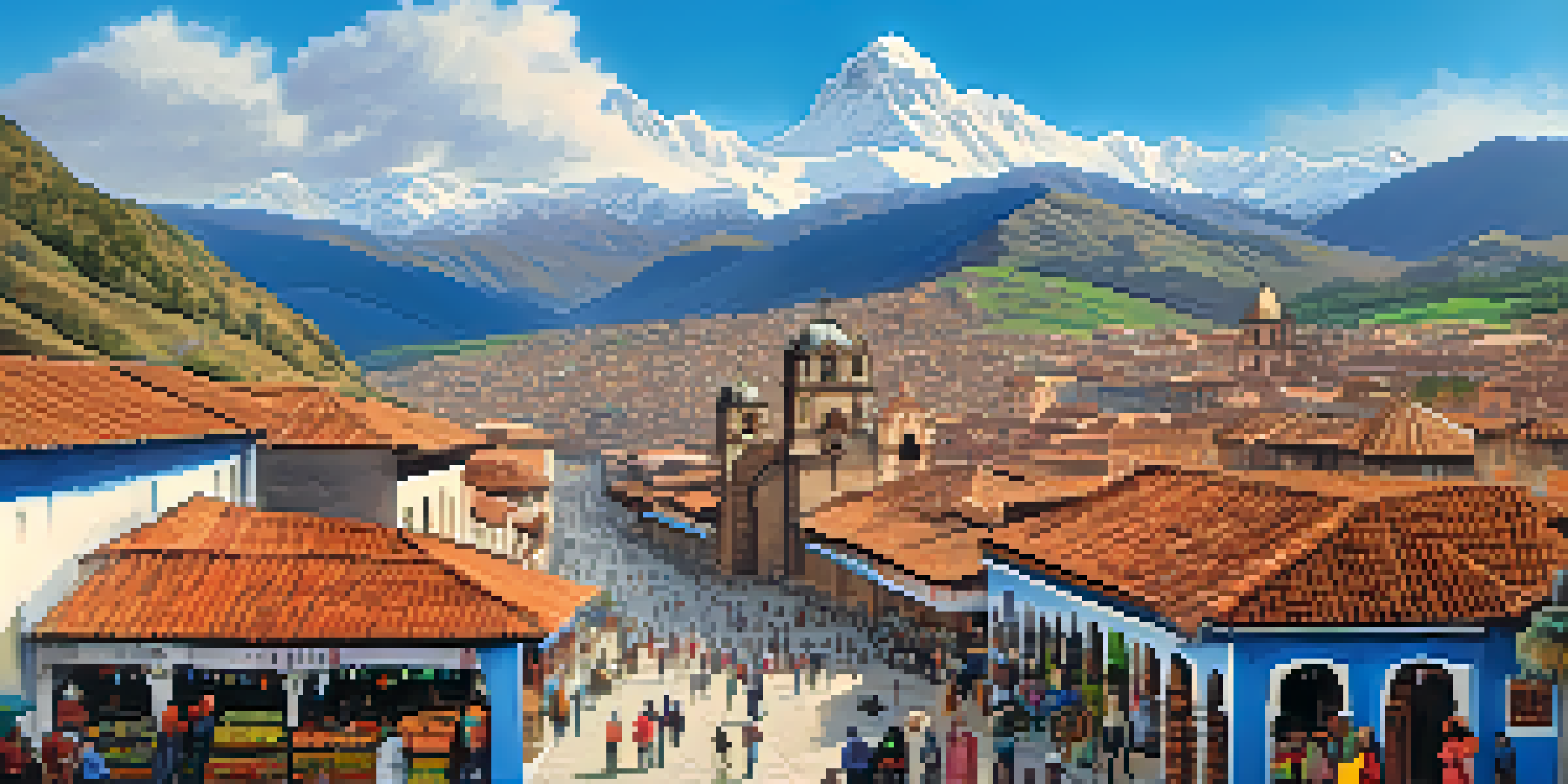 A panoramic view of Cusco, highlighting its historic buildings and colorful markets, with the Andes mountains in the background.