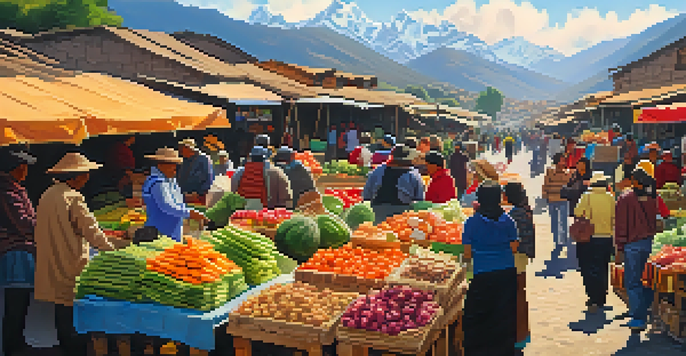 A colorful local market in Peru with stalls filled with fresh fruits and vegetables, locals interacting, and the Andes mountains in the background.