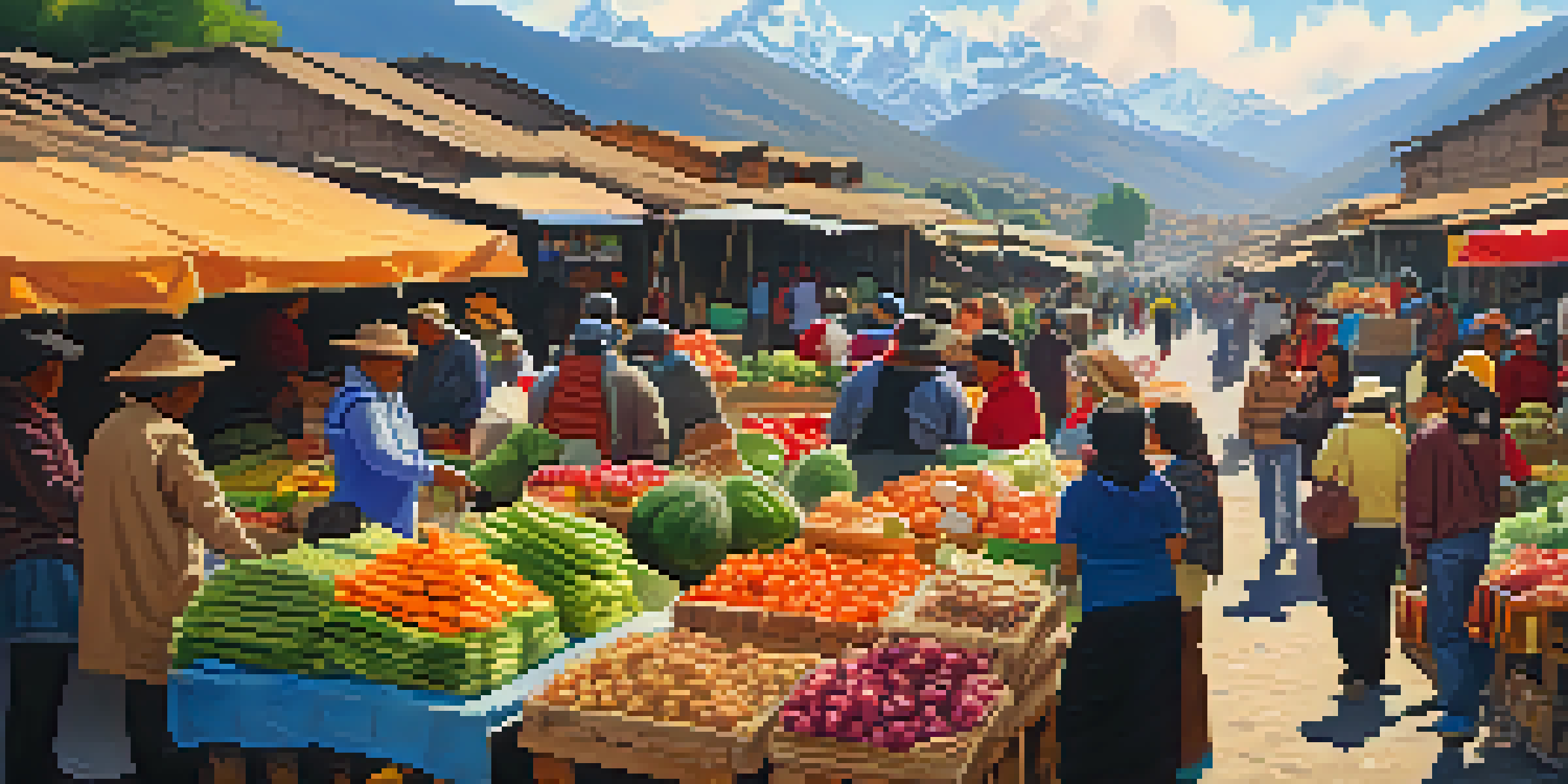 A colorful local market in Peru with stalls filled with fresh fruits and vegetables, locals interacting, and the Andes mountains in the background.