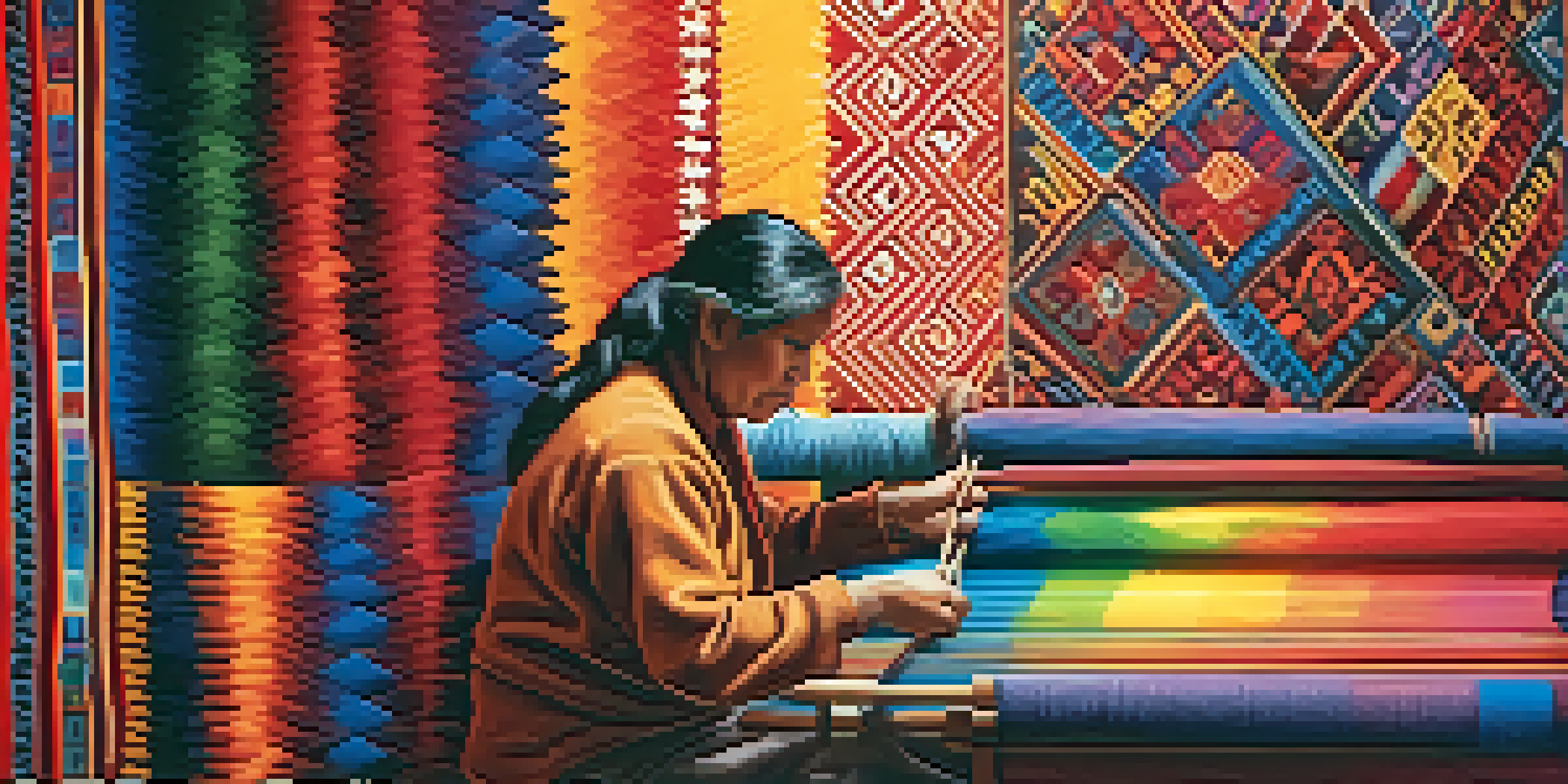 An artisan weaving a colorful Andean textile in a sunlit workshop, surrounded by vibrant threads.