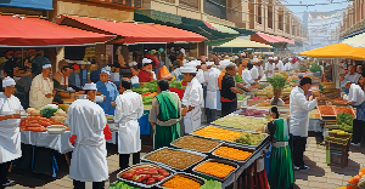 A vibrant culinary marketplace in El Mercado, Lima, featuring vendors and chefs amidst a lively atmosphere filled with traditional Peruvian dishes.