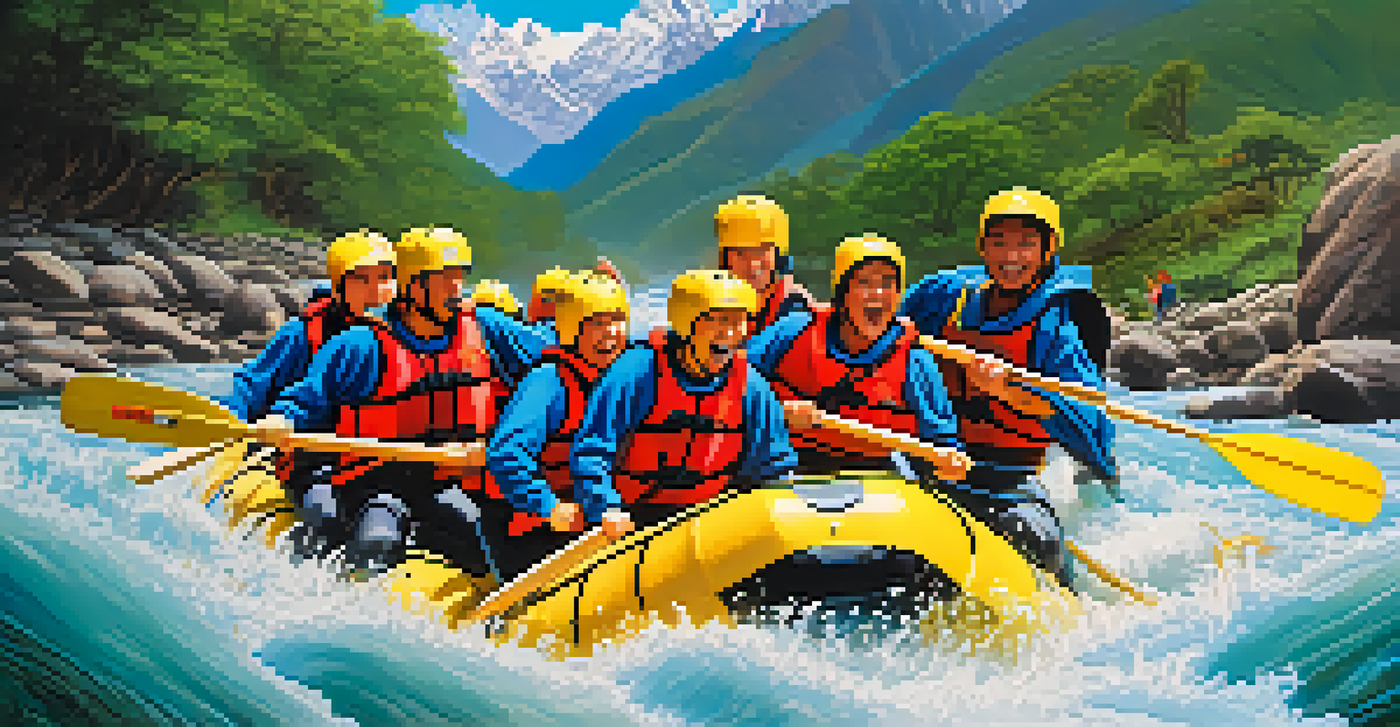 A group of people white-water rafting on the Urubamba River with the Andes mountains in the background.