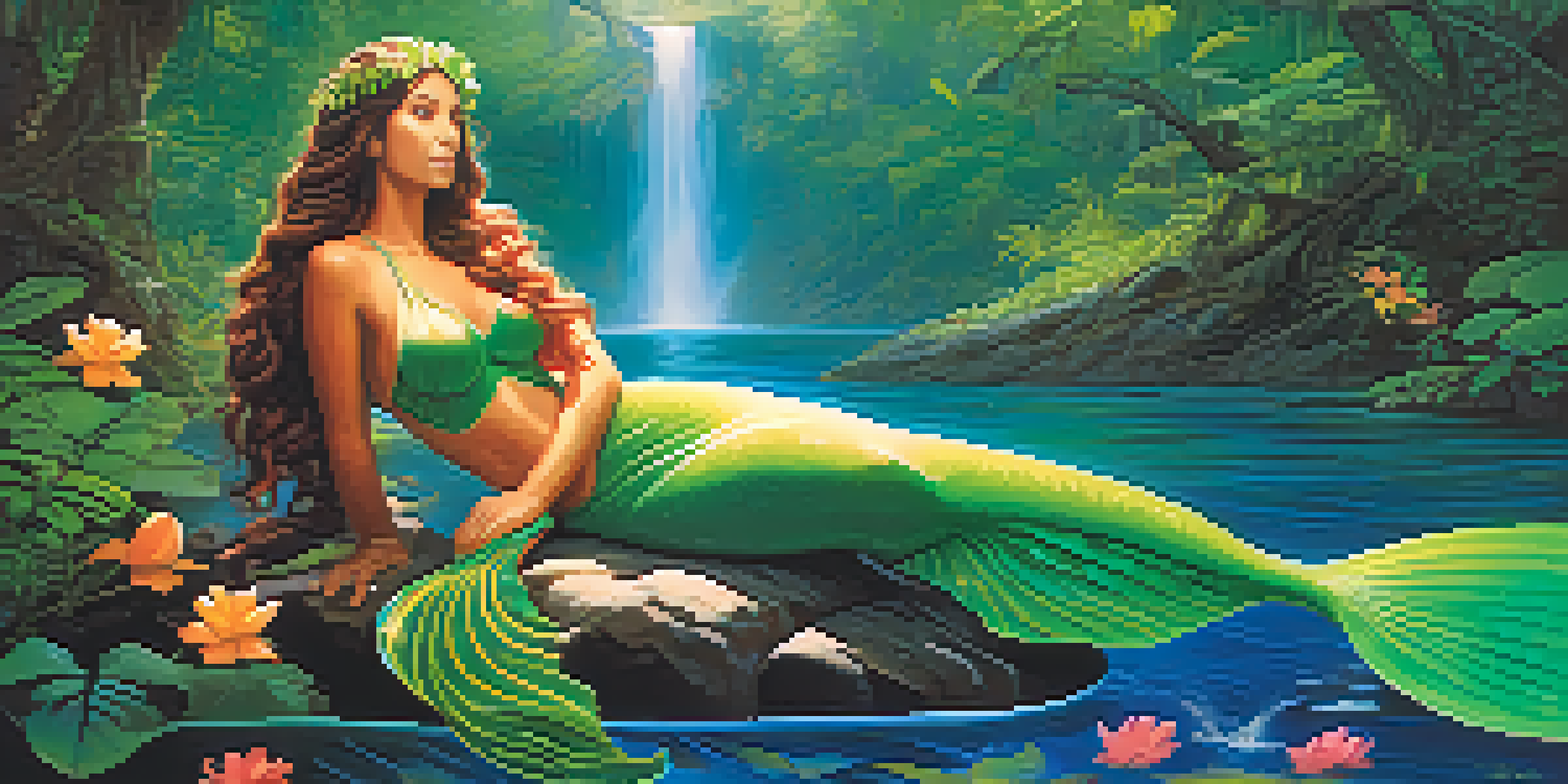 A beautiful mermaid named Sirena resting on a rock by the Amazon River, surrounded by lush rainforest and colorful flowers.
