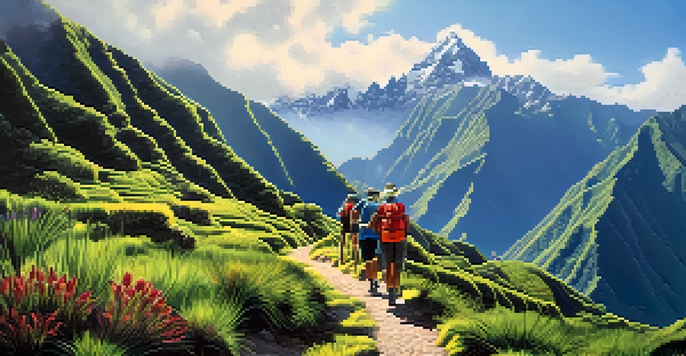 A scenic view of the Inca Trail with hikers, surrounded by green mountains and wildflowers.