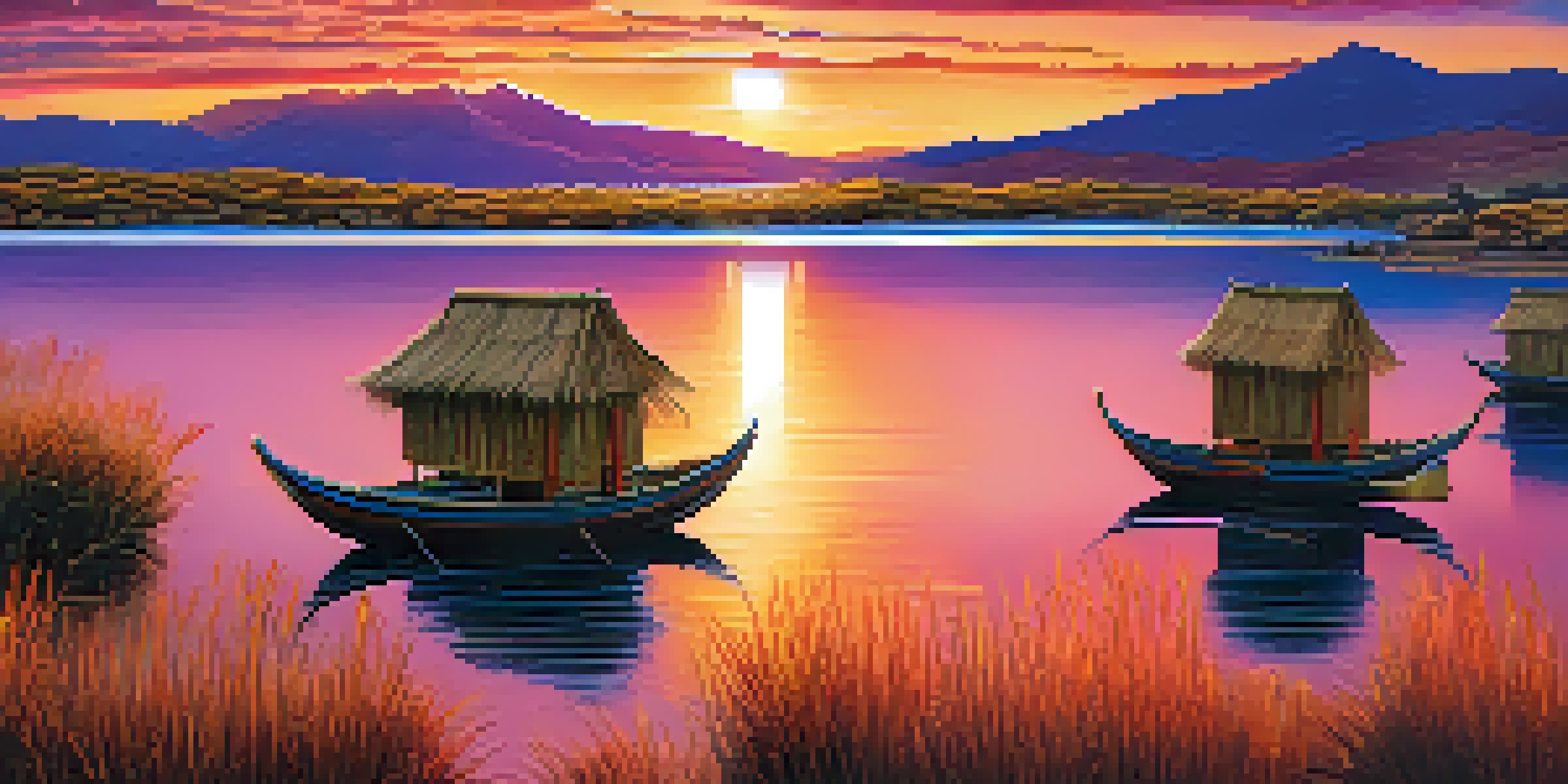 Aerial view of Lake Titicaca at sunset with floating islands and colorful sky.