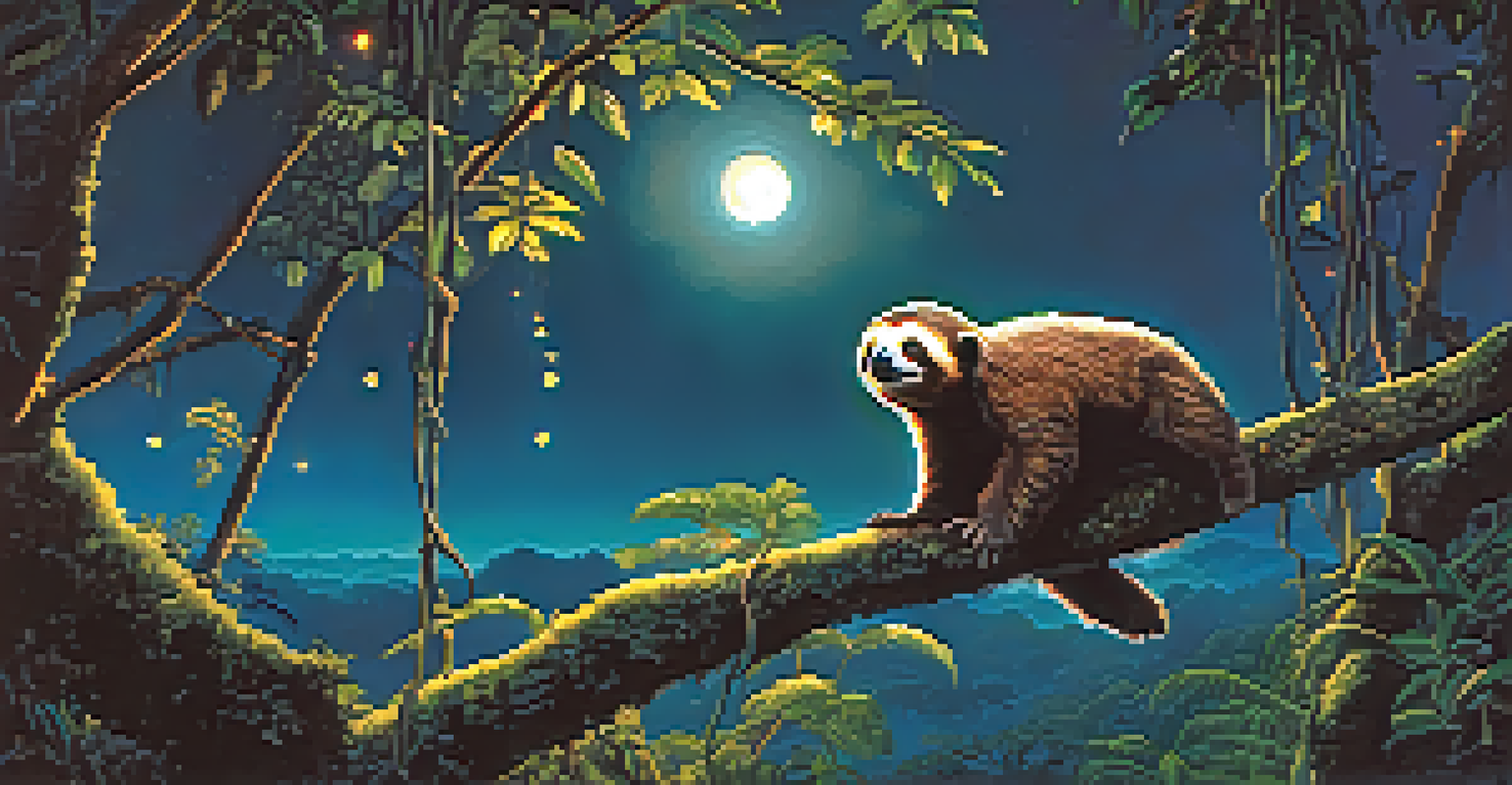 A sloth descending from a tree branch in the Amazon Rainforest at night, illuminated by moonlight and surrounded by lush foliage.