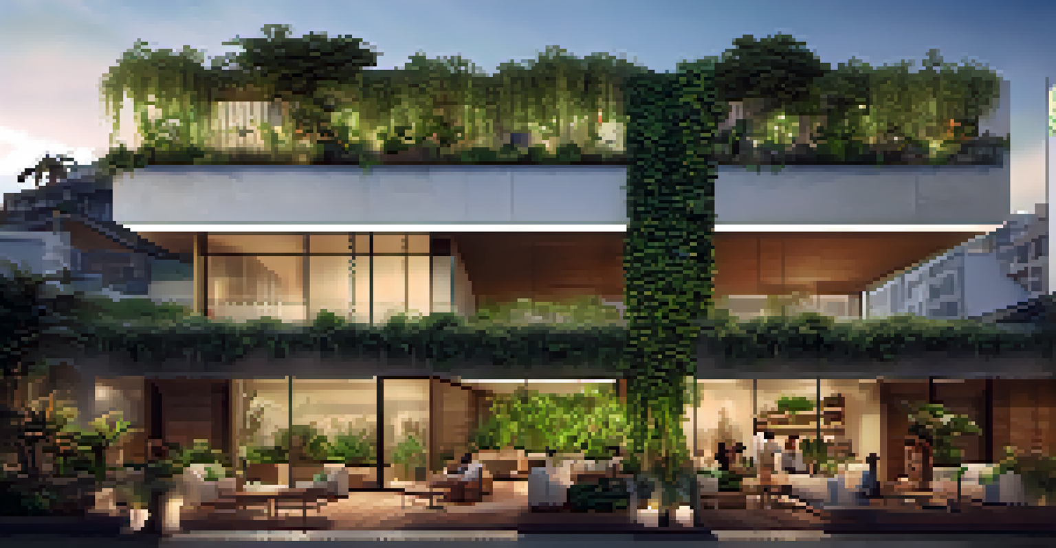 A modern eco-friendly hotel in Lima with vertical gardens and guests relaxing on the terrace at sunset.