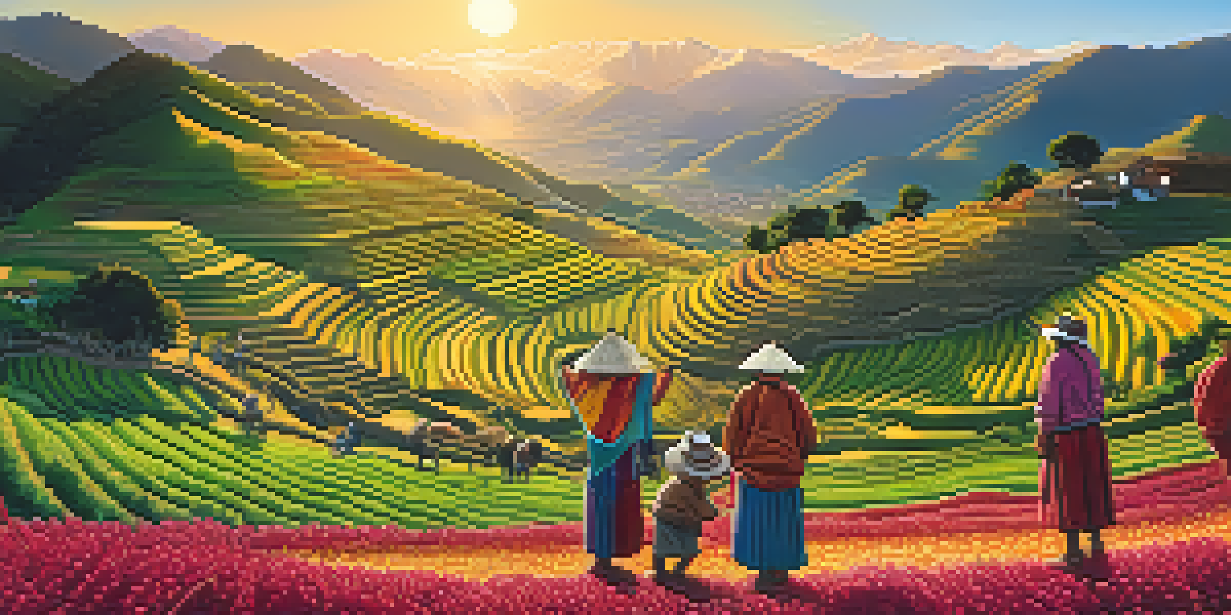 A beautiful landscape of terraced fields in Peru with indigenous farmers harvesting quinoa and potatoes during sunset.