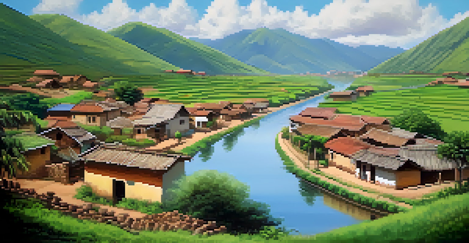 A peaceful Peruvian village with adobe houses and lush greenery, featuring a gentle river and children playing in the background.