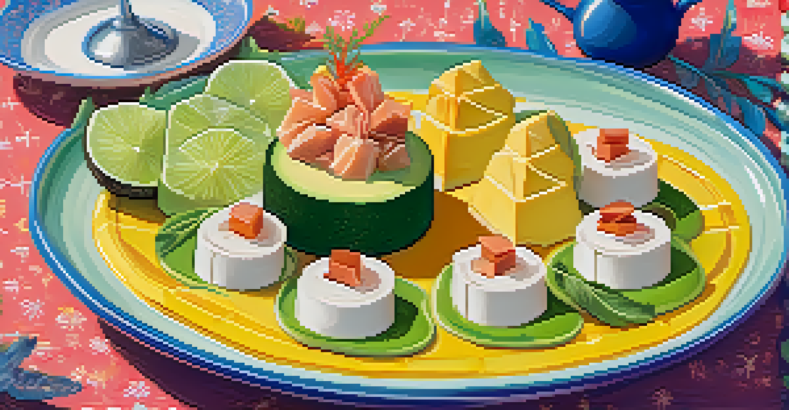 A plate of causa, a layered potato dish with avocado and seafood, garnished with lime and herbs against a colorful background.