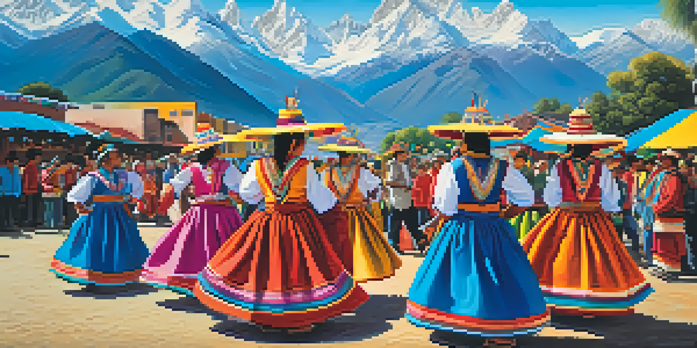 A lively Peruvian cultural festival with colorful traditional costumes, music, and dance, set against the Andes mountains.