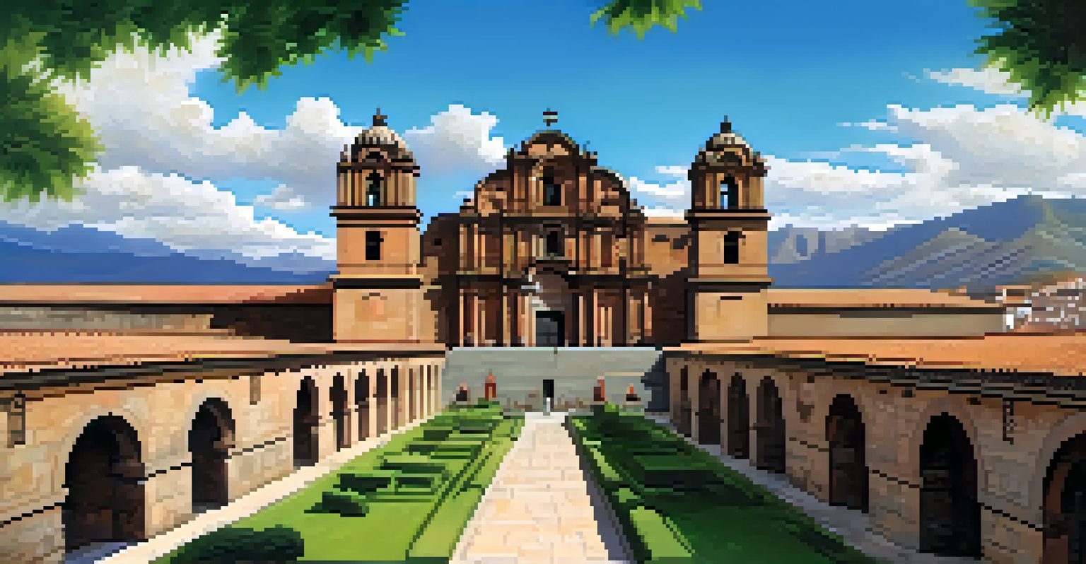 The Qorikancha Temple showcasing the blend of Incan and colonial architecture, set against a blue sky and surrounded by greenery.