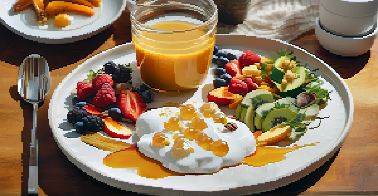 A plate showcasing culinary uses of Peruvian honey with yogurt, a smoothie bowl, and roasted vegetables glistening with honey glaze, arranged attractively.