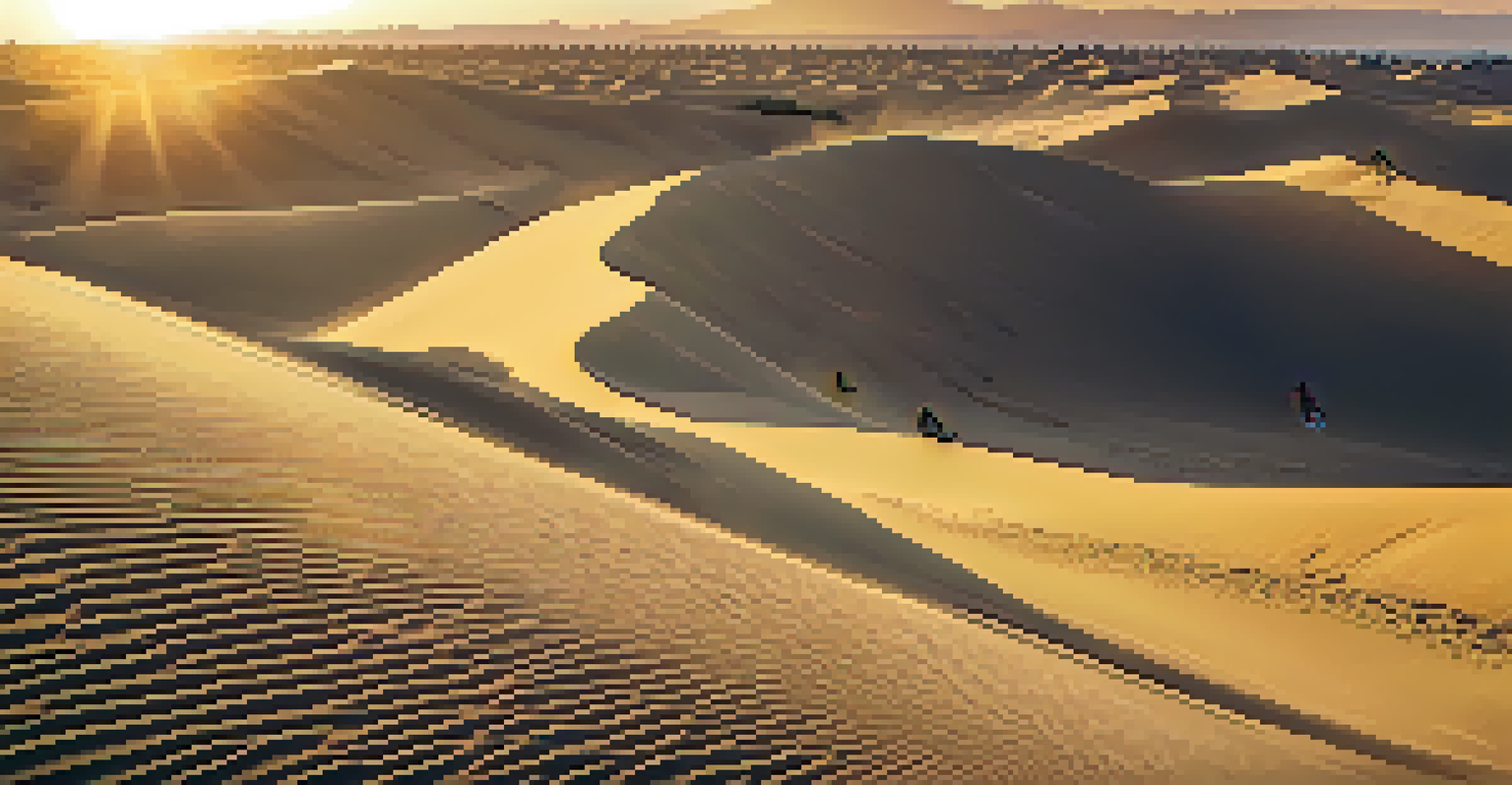 A person sandboarding down a sand dune during sunset, with a beautiful desert landscape and an oasis in the background.